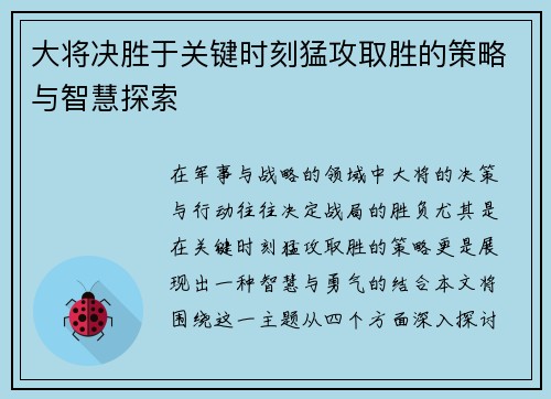 大将决胜于关键时刻猛攻取胜的策略与智慧探索