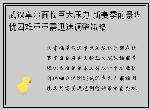 武汉卓尔面临巨大压力 新赛季前景堪忧困难重重需迅速调整策略