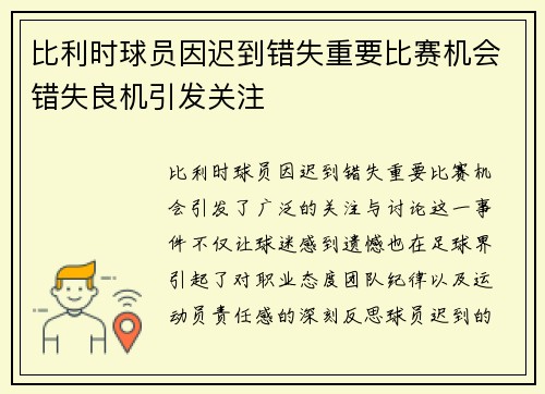 比利时球员因迟到错失重要比赛机会错失良机引发关注