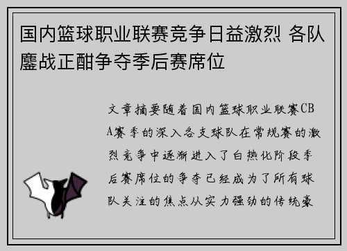 国内篮球职业联赛竞争日益激烈 各队鏖战正酣争夺季后赛席位