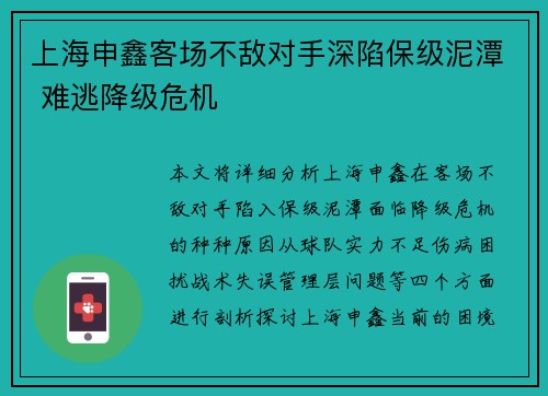 上海申鑫客场不敌对手深陷保级泥潭 难逃降级危机