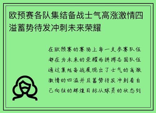 欧预赛各队集结备战士气高涨激情四溢蓄势待发冲刺未来荣耀
