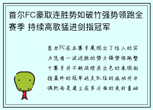 首尔FC豪取连胜势如破竹强势领跑全赛季 持续高歌猛进剑指冠军
