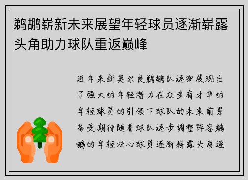 鹈鹕崭新未来展望年轻球员逐渐崭露头角助力球队重返巅峰