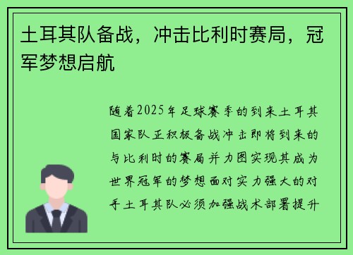 土耳其队备战，冲击比利时赛局，冠军梦想启航