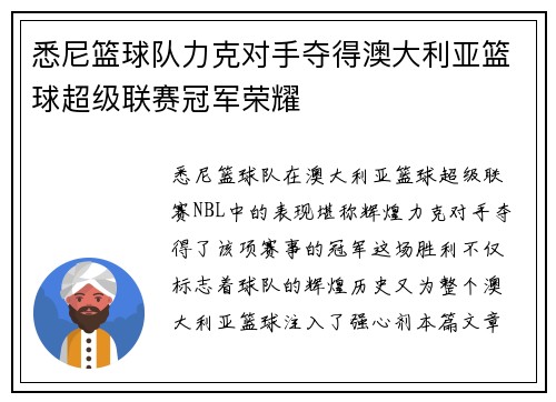悉尼篮球队力克对手夺得澳大利亚篮球超级联赛冠军荣耀
