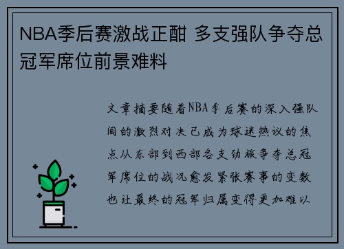 NBA季后赛激战正酣 多支强队争夺总冠军席位前景难料