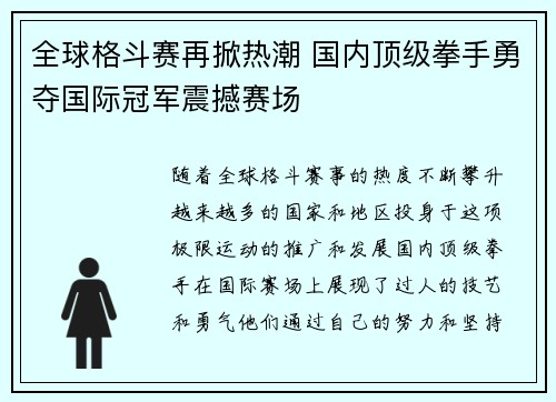 全球格斗赛再掀热潮 国内顶级拳手勇夺国际冠军震撼赛场