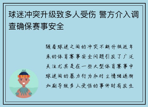 球迷冲突升级致多人受伤 警方介入调查确保赛事安全